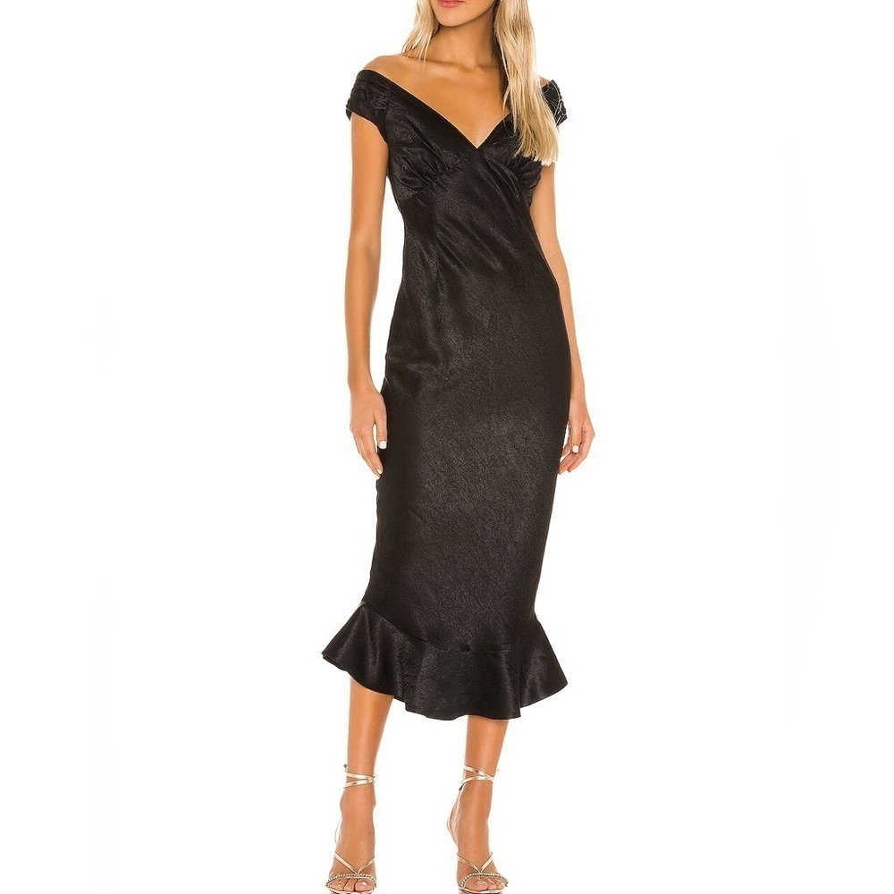 Lovers + Friends Ava Dress Off the Shoulder Black Hammered Satin Fabric XS